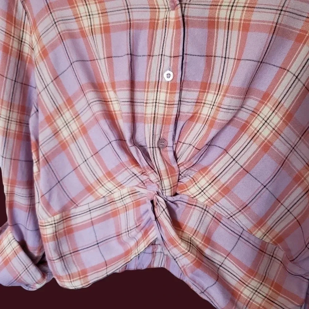 -E & M checked shirt sleeve to roll up size L lilac/pink - Picture 5 of 8